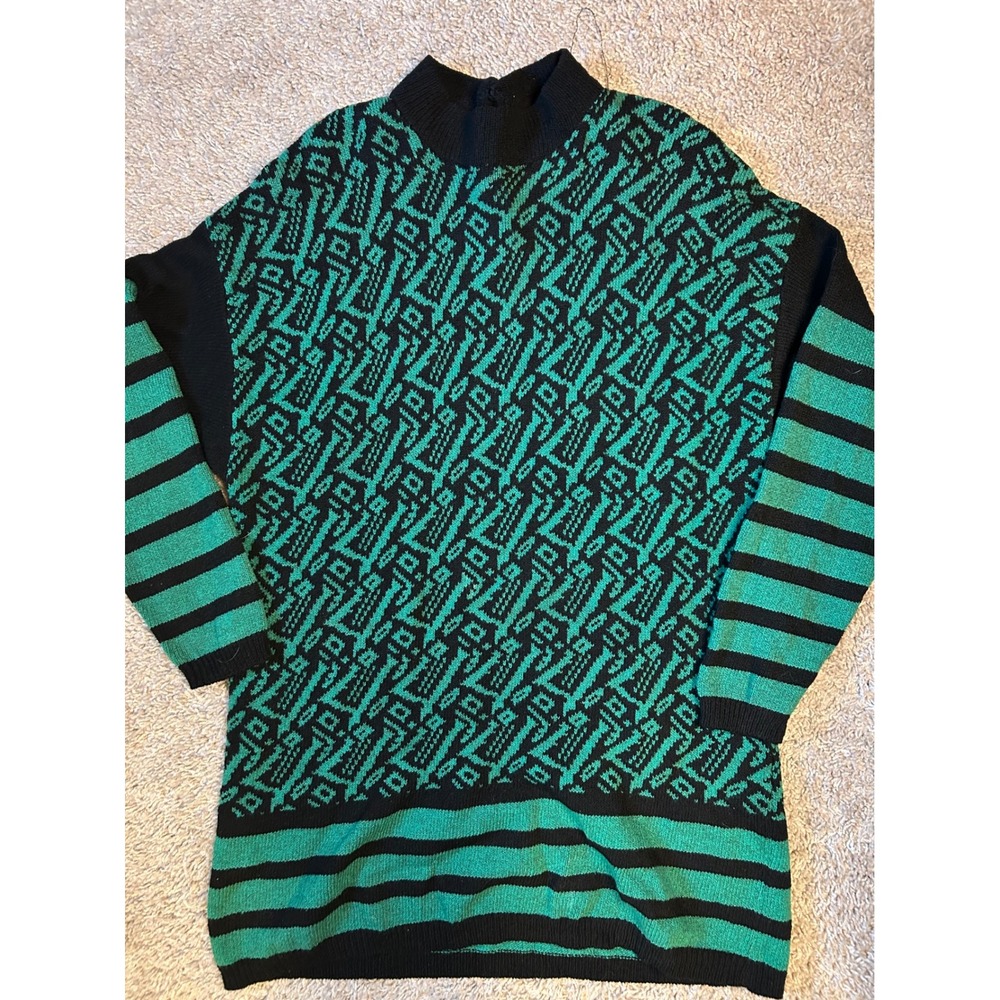 Helen Hsu Sweater Women Large Green Geometric Knit Vintage Mock Neck Soft